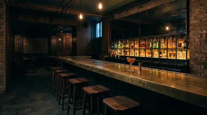 Long wooden counter with warm backlighting and stools