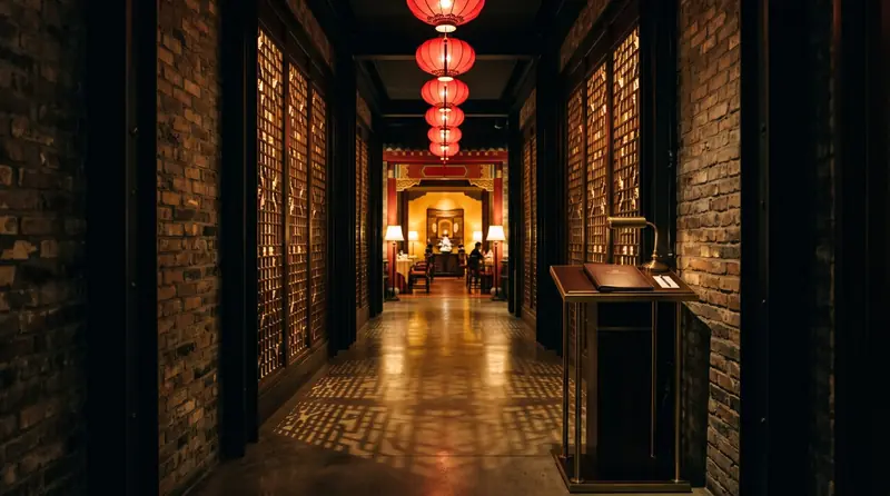 Corridor lined with carved wooden screens and red lanterns