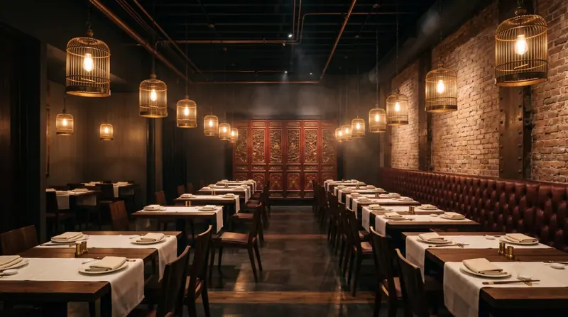 Dining room with brick walls, hanging lantern lights and laid tables